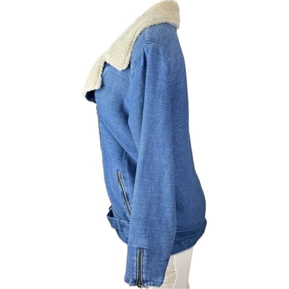 Cloth & Stone L Blue Denim Faux Shearling Cotton Pockets Zip Long Sleeve Jacket - Picture 5 of 6